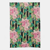 Trendy Zwart Roze Bloemen Gouden Strepen Botanisch Theedoek (Verticaal)