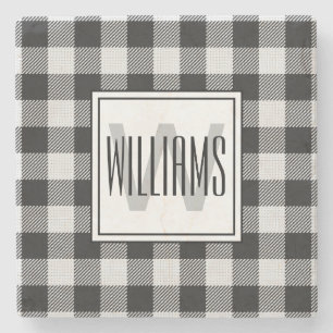 Trendy Zwart/Wit Buffalo Plaid Monogram Stenen Onderzetter