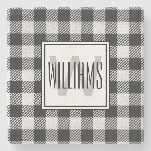 Trendy Zwart/Wit Buffalo Plaid Monogram Stenen Onderzetter (Voorkant)
