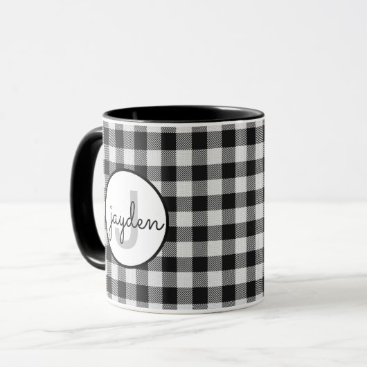 Trendy zwart-wit Buffalo Plaid Monogrammed Mok (Voorkant links)