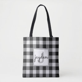 Trendy zwart-wit Buffalo Plaid Monogrammed Tote Bag