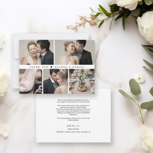 Trendy Zwart Wit Chic bruiloft Fotocollage Bedankkaart