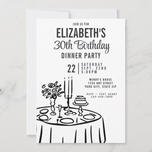 Trendy zwart-wit dinerfeest 30e verjaardag kaart (Voorkant)