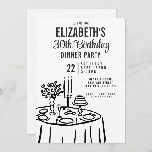 Trendy zwart-wit dinerfeest 30e verjaardag kaart (Voorkant / Achterkant)