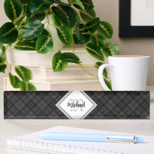 Trendy zwart-wit geruit Personaliseer Monogram Naambordje