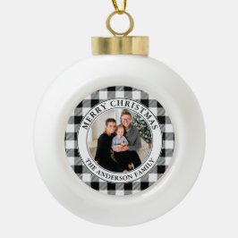 Trendy zwart-wit geruite vrolijke kerst keramische bal ornament