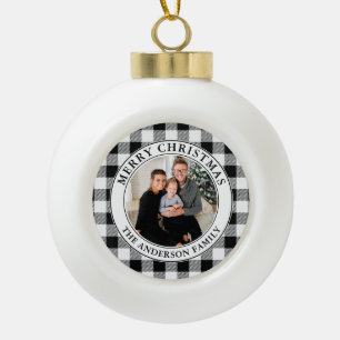 Trendy zwart-wit geruite vrolijke kerst keramische bal ornament