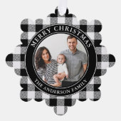 Trendy zwart-wit geruite vrolijke kerst ornament kaart (Voorkant)