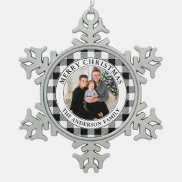 Trendy zwart-wit geruite vrolijke kerst tin sneeuwvlok ornament