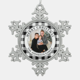 Trendy zwart-wit geruite vrolijke kerst tin sneeuwvlok ornament