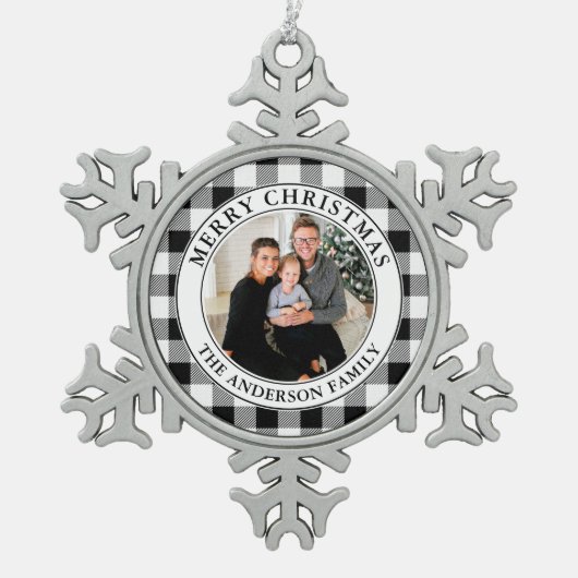 Trendy zwart-wit geruite vrolijke kerst tin sneeuwvlok ornament (Voorkant)