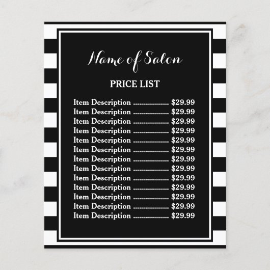Trendy Zwart-Wit Gestreepte Prijslijst Kapsalon Flyer (Voorkant)