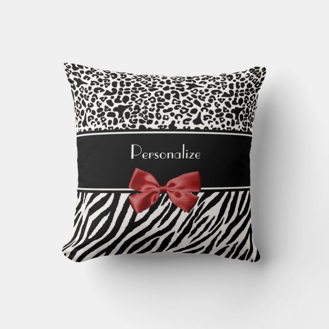 Trendy zwart-wit luipaard zebraprint rode strik kussen (Voorkant)