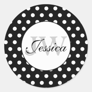 Trendy zwart-wit stippenpatroon Monogram Ronde Sticker