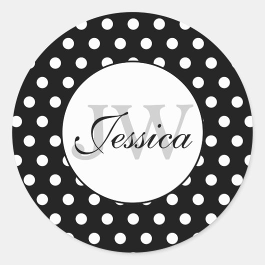 Trendy zwart-wit stippenpatroon Monogram Ronde Sticker (Voorkant)