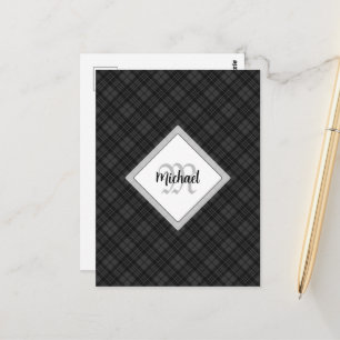 Trendy Zwart wit tartan Personaliseer Monogram Briefkaart