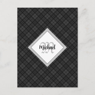 Trendy Zwart wit tartan Personaliseer Monogram Briefkaart