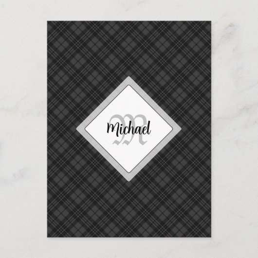 Trendy Zwart wit tartan Personaliseer Monogram Briefkaart (Voorkant)