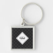 Trendy Zwart wit tartan Personaliseer Monogram Sleutelhanger (Voorkant)