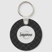 Trendy Zwart wit tartan Personaliseer Monogram Sleutelhanger (Voorkant)
