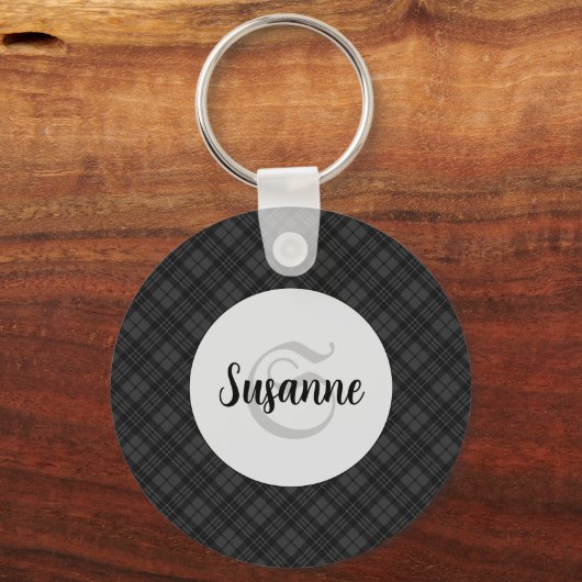 Trendy Zwart wit tartan Personaliseer Monogram Sleutelhanger (Voorkant)
