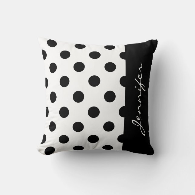 Trendy zwart-witte Polka Dot met naam Kussen (Voorkant)