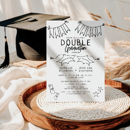 Trendy Zwarte Doodle Dubbele Afstudeerfeest Kaart