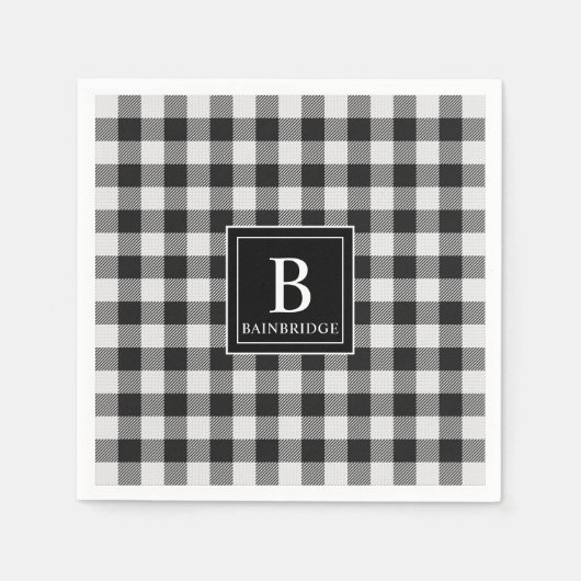 Trendy Zwarte en Witte Buffalo Plaid Monogram Name Servet (Voorkant)