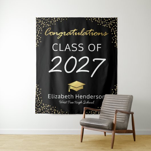 Trendy zwarte gouden afstudeerfeest achtergronddec wandkleed (In situ)