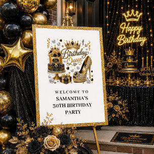 Trendy Zwarte Gouden Glitter Verjaardag Koningin W Poster