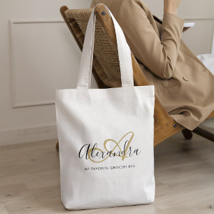 Trendy Zwarte Gouden Initiaal Script Naam Tote Bag