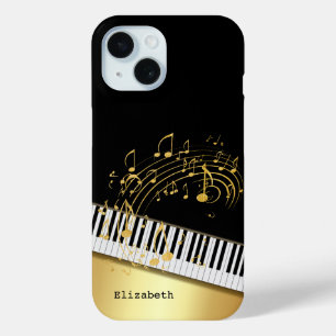 Trendy Zwarte Gouden Muzieknoden, Pianotoetsen iPhone 15 Case