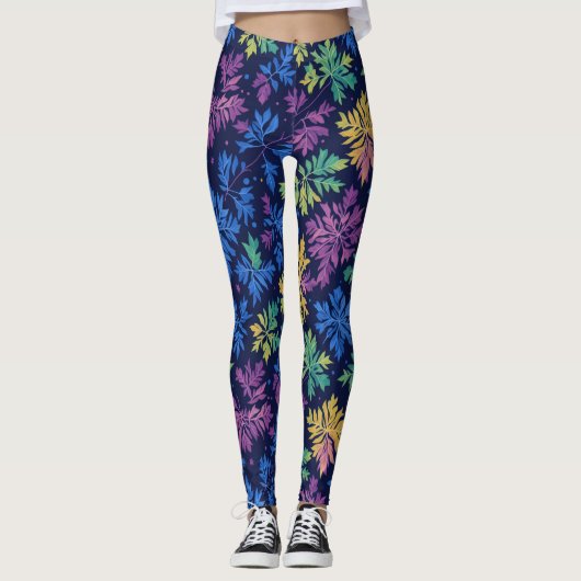 Trendy zwarte kleurrijke bladeren botanische patro leggings (Voorkant)