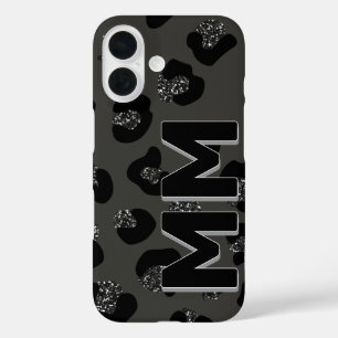 Trendy zwarte luipaard print donkere schaduw monog iPhone 16 hoesje