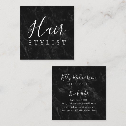 Trendy zwarte marmeren haar stylist script handtek vierkante visitekaartje (Voorkant / Achterkant)