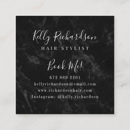Trendy zwarte marmeren haar stylist script handtek vierkante visitekaartje (Achterkant)