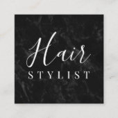 Trendy zwarte marmeren haar stylist script handtek vierkante visitekaartje (Voorkant)