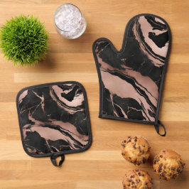 Trendy Zwarte Roze Goud Marmer Ovenwant & Pannenlap Set