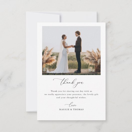 Trendy zwarte script boog trouwfoto Dank u Bedankkaart (Achterkant)