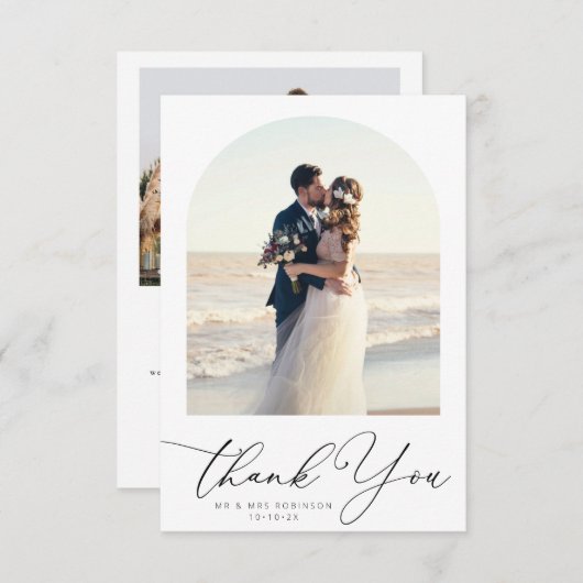 Trendy zwarte script boog trouwfoto Dank u Bedankkaart (Voorkant / Achterkant)