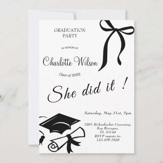 Trendy zwarte strik diploma uitnodiging (Voorkant)