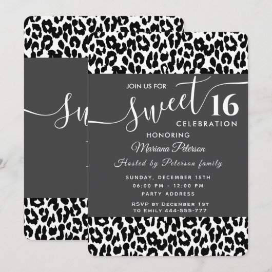 Trendy zwarte witte luipaard, zoet 16 uitnodiging (Voorkant / Achterkant)