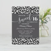 Trendy zwarte witte luipaard, zoet 16 uitnodiging (Staand voorkant)