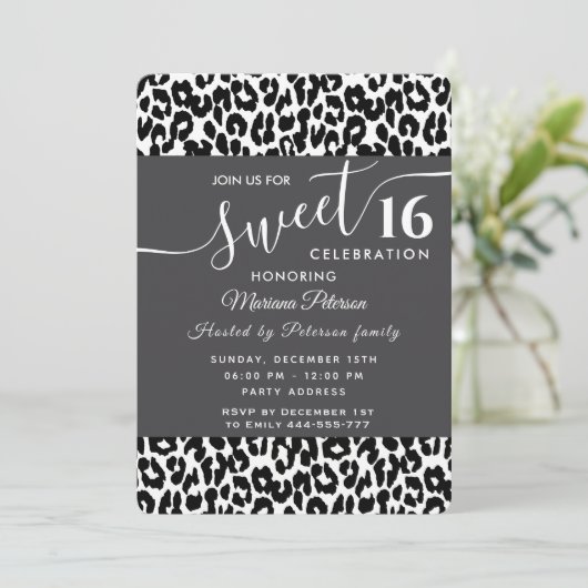 Trendy zwarte witte luipaard, zoet 16 uitnodiging (Staand voorkant)