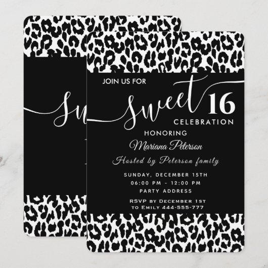 Trendy zwarte witte luipaard, zoet 16 uitnodiging (Voorkant / Achterkant)