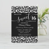 Trendy zwarte witte luipaard, zoet 16 uitnodiging (Staand voorkant)