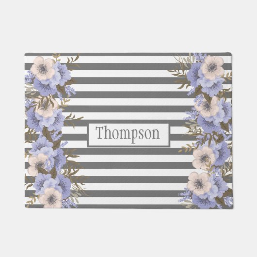 Treny dusty blue flower monogram streept grijs deurmat (Voorkant)