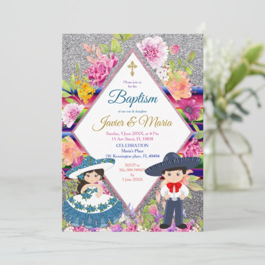 Tres Anos Navy Mexican Fiesta Baptism Invitation Kaart (Staand voorkant)