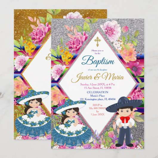 Tres Anos Navy Mexican Fiesta Baptism Invitation Kaart (Voorkant / Achterkant)