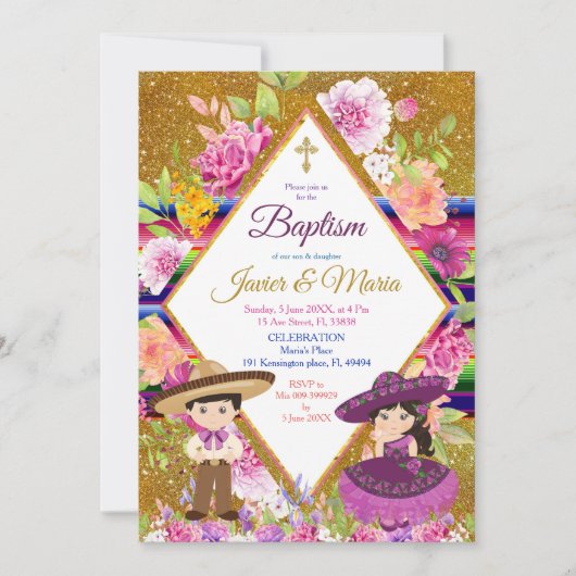 Tres Anos Paarse Mexican Fiesta Baptism Invitation Kaart (Voorkant)